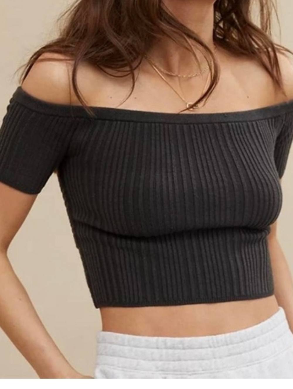 Aerie Grey Ribbed Off-Shoulder Wrap Crop Top
